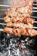 skewers with meat shish kebabs over burning coal
