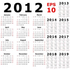 Calendar Illustration for the years of 2012 - 2019