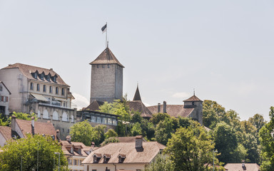 Fototapeta na wymiar Murten, historische Altstadt, Schloss, Schlossturm, Schweiz
