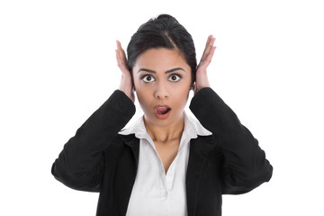 Konzept Ohr: Frau isoliert schockiert und frustriert