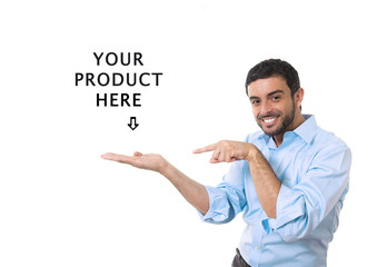 business man showing blank copy space above palm