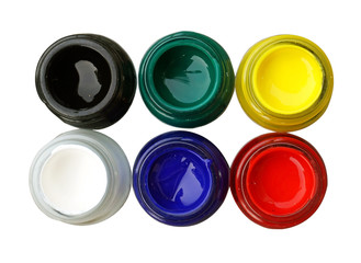 Top view of opened bottles color isolate on white background