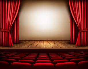 A theater stage with a red curtain, seats. Vector. - obrazy, fototapety, plakaty