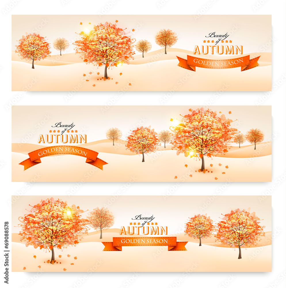 Poster Autumn background with colorful leaves and trees.Vector illustra