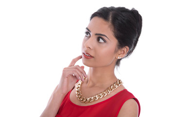 Entscheidung: Nachdenkliche indische Frau in Rot