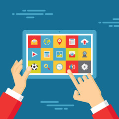 Hands with Tablet and Icons Set - Illustration in Flat Style