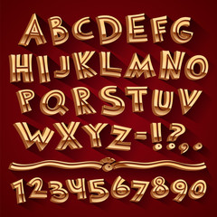 Golden Retro 3D Font with Strips on Red Background