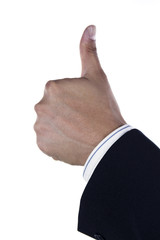 hand and businessman showing one finger