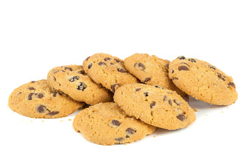 Chocolate chips cookies on white background