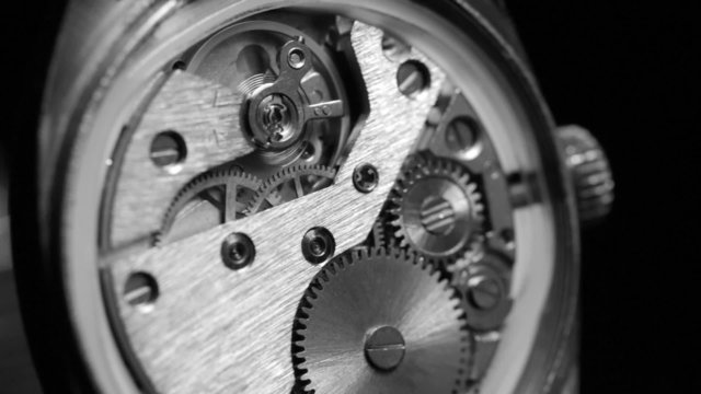 Mechanism inside an old watch. Black and white.