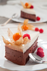 Chocolate cake with raspberries and exotic fruit