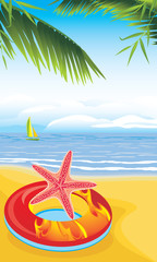 Fototapeta na wymiar Lifebuoy with starfish on the sandy beach