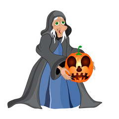 Halloween background with  witch and pumpkins.