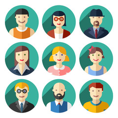 Flat round avatar icons, faces, people icons