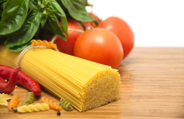 Pasta spaghetti, vegetables and spices