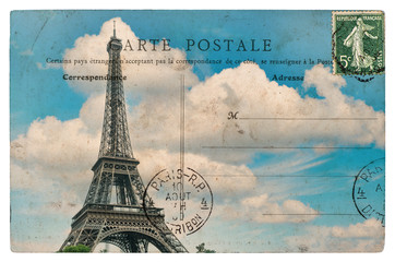 vintage postcard from paris with eiffel tower over blue sky - obrazy, fototapety, plakaty