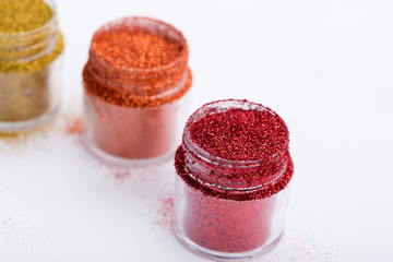 Close-up view of  powder eyeshadows  in different colours isolat