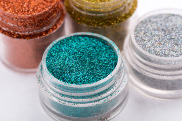 Close-up view of  powder eyeshadows  in different colours isolat