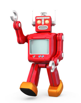 Red vintage robot isolated on white background