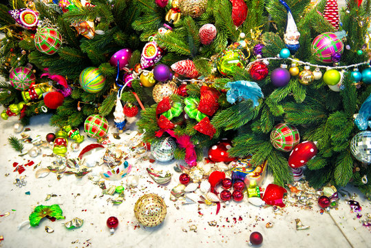Still life with christmas tree and broken decoration balls