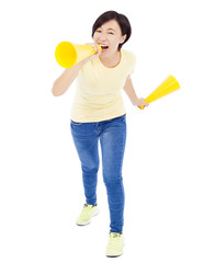 young student girl holding megaphone over white background