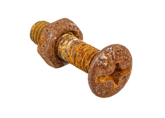 Close-up of rusty nut and bolt isolated on white background