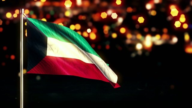 Kuwait National Flag City Light Night Bokeh Loop Animation