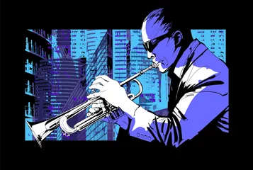 Foto op Canvas Jazztrompettist op een stadsachtergrond © Isaxar