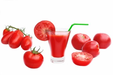 Tomato Juice in glass and ripe tomatoes