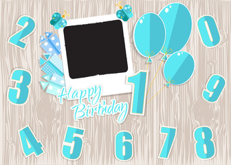 Greeting card for boy in wooden background. Vector EPS10.