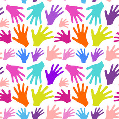 Seamless background multicolored hands with smiles isolated in w