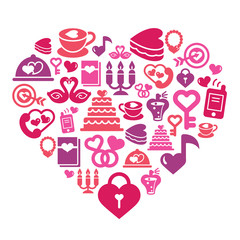 Valentines and Love Icons in Heart Shape