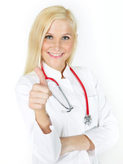 Female doctor shows thumb up