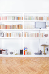  living room with tv stand and bookcase rendering