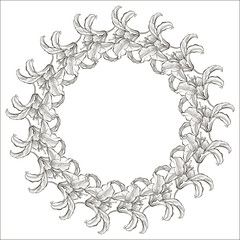 Floral monochrome round frame with lilies. Flower background can