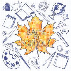 Back to School doodles seamless background with mosaic maple lea
