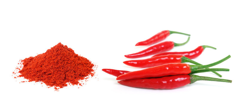 red hot chili pepper  and cayenne pepper  isolated on a white ba