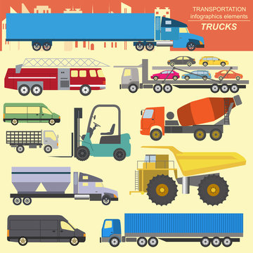 Set of elements cargo transportation: trucks, lorry for creating