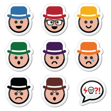 Man in hat faces vector icons set