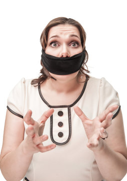 Plus size woman gagged and scared