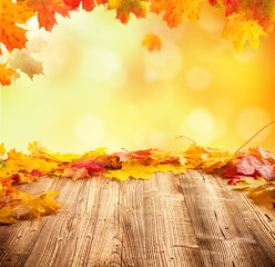 Autumn background with empty wooden planks