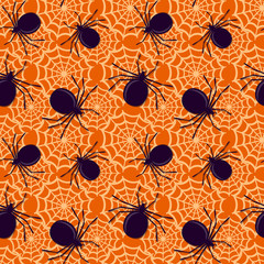 Seamless background with spiders and cobwebs. Vector pattern.
