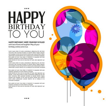 Vector birthday card with color balloons, flowers and text.