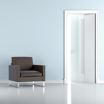 blue interior with chair