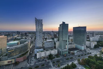 Muurstickers Night panorama of Warsaw city center © Cinematographer