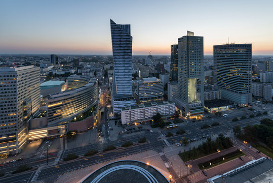Panorama of Warsaw city center during sundown
