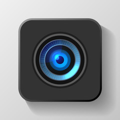 Blue Camera Lens Icon on Black. Vector