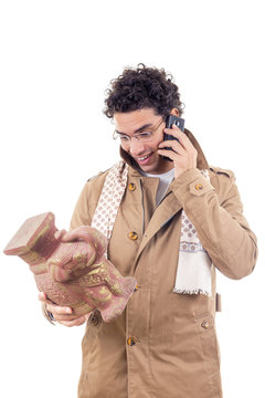 Smiling Professor On The Phone  In Coat With Glasses Looking Art