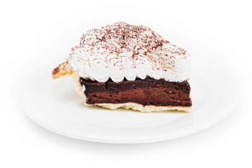 Chocolate tart on the dish in white background