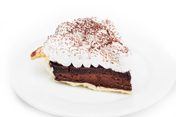 Chocolate tart on the dish in white background